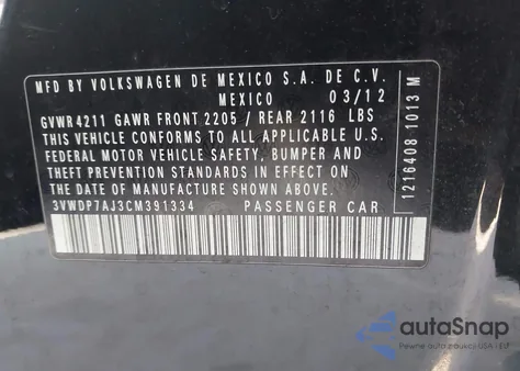 2012 Volkswagen Jetta 2.5L Se z USA, uszkodzony, nr VIN 3VWDP7AJ3CM391334